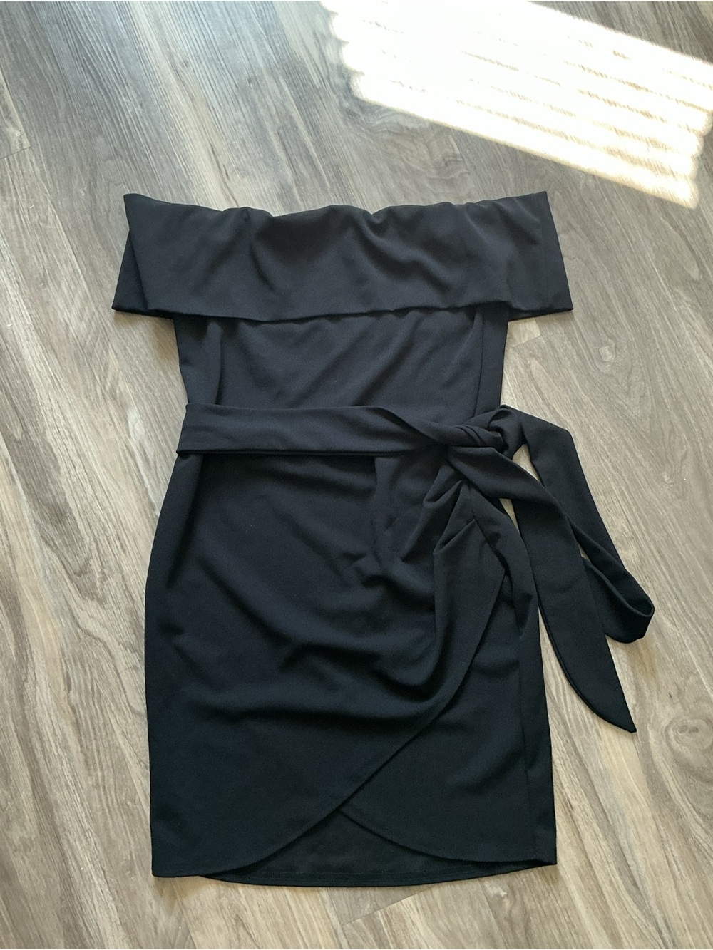 Boohoo Black Off-Shoulder Wrap Dress with Waist Tie